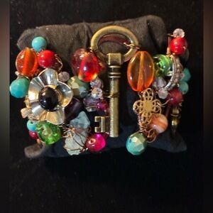 Artisan Made New  Colorful Beaded Bracelet with Key & Butterfly Charms